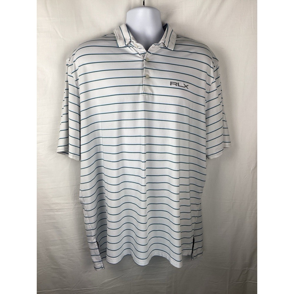 RLX Polo Ralph Lauren Golf Polo Shirt Men's  White Blue Stripe Short Sleeve XXL